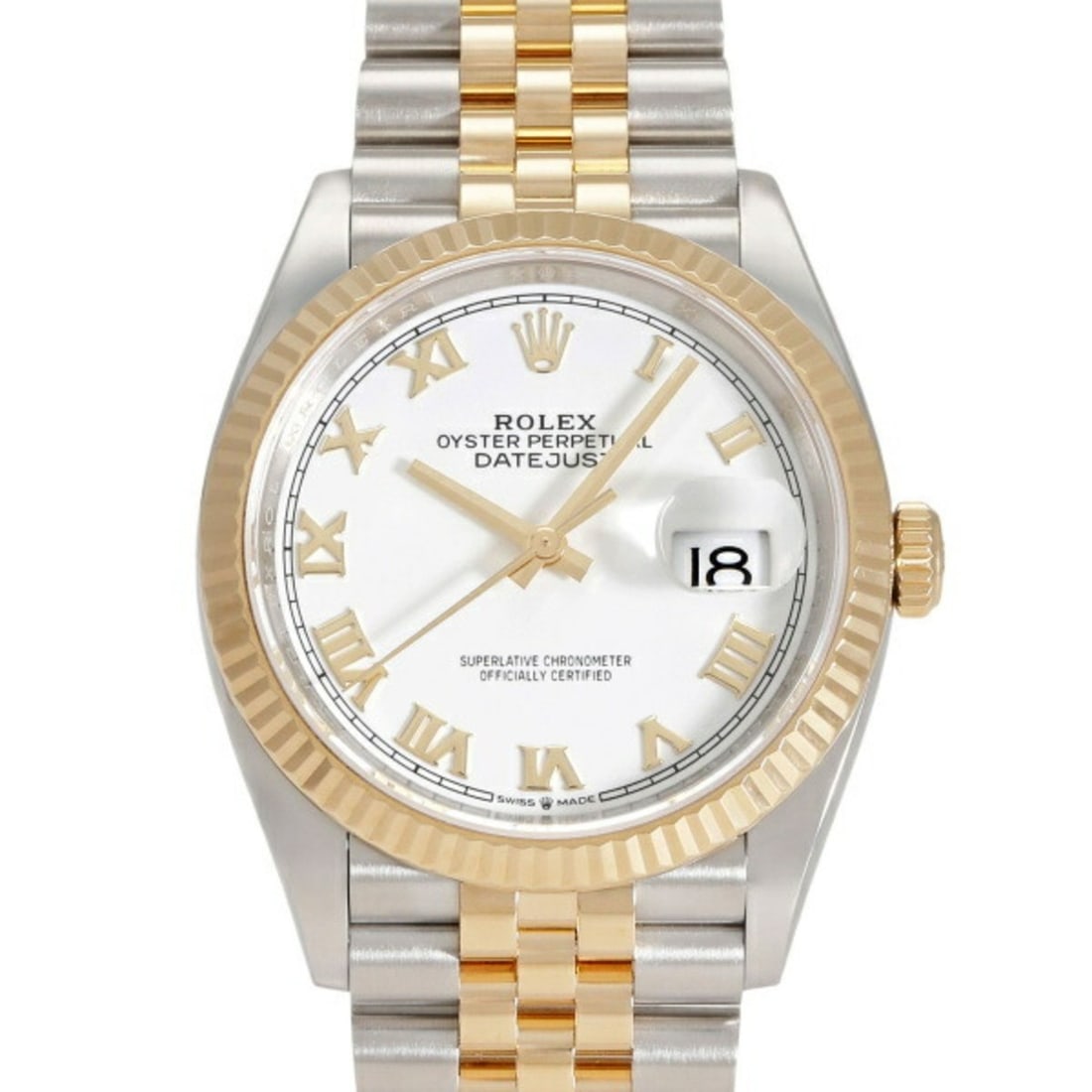 ROLEX Datejust 36 126233 White Roman Dial Men's Watch __: --- Catalog ---Category: SizeWrist Size: 19cm / 7.48''Case Diameter: 36mm / 1.42''Category: DesignType: WristwatchGender: MenMaterial (Band): Stainless steel, Yellow goldMaterial (Case): Stainless ste