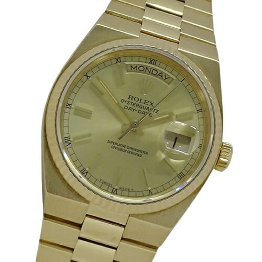 Rolex ROLEX Day-Date 19018N No. 97 Men's Watch Oyster Quartz 750YG 18K Solid Gold Polished: --- Catalog ---Category: SizeWrist Size: 18cm / 7.08''Case Diameter: 36mm / 1.42''Category: DesignType: WristwatchGender: MenDisplay: AnalogColor (Dial): GoldMaterial (Band): Gold (18K), Yellow gold (