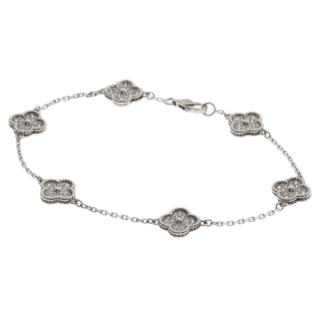 Van Cleef & Arpels Sweet Alhambra Diamond Bracelet 18K White Gold Women's: --- Catalog ---Category: SizeLength: 17.5cm / 6.88''Category: DesignType: Charm braceletColor: SilverGender: WomenMaterial: White gold (18K)Category: GeneralBrand: Van Cleef & Arpels--- Item List ---S