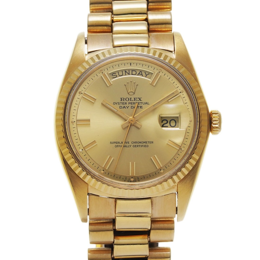Rolex Day-Date Wide Boy 1803 29 series (manufactured around 1971) Champagne Men's Watch Automatic: --- Catalog ---Category: SizeBand Width: 20mm / 0.79''Wrist Size: 17cm / 6.69''Case Diameter: 36mm / 1.42''Case Thickness: 13mm / 0.51''Category: DesignType: WristwatchGender: MenColor (Dial): Champag