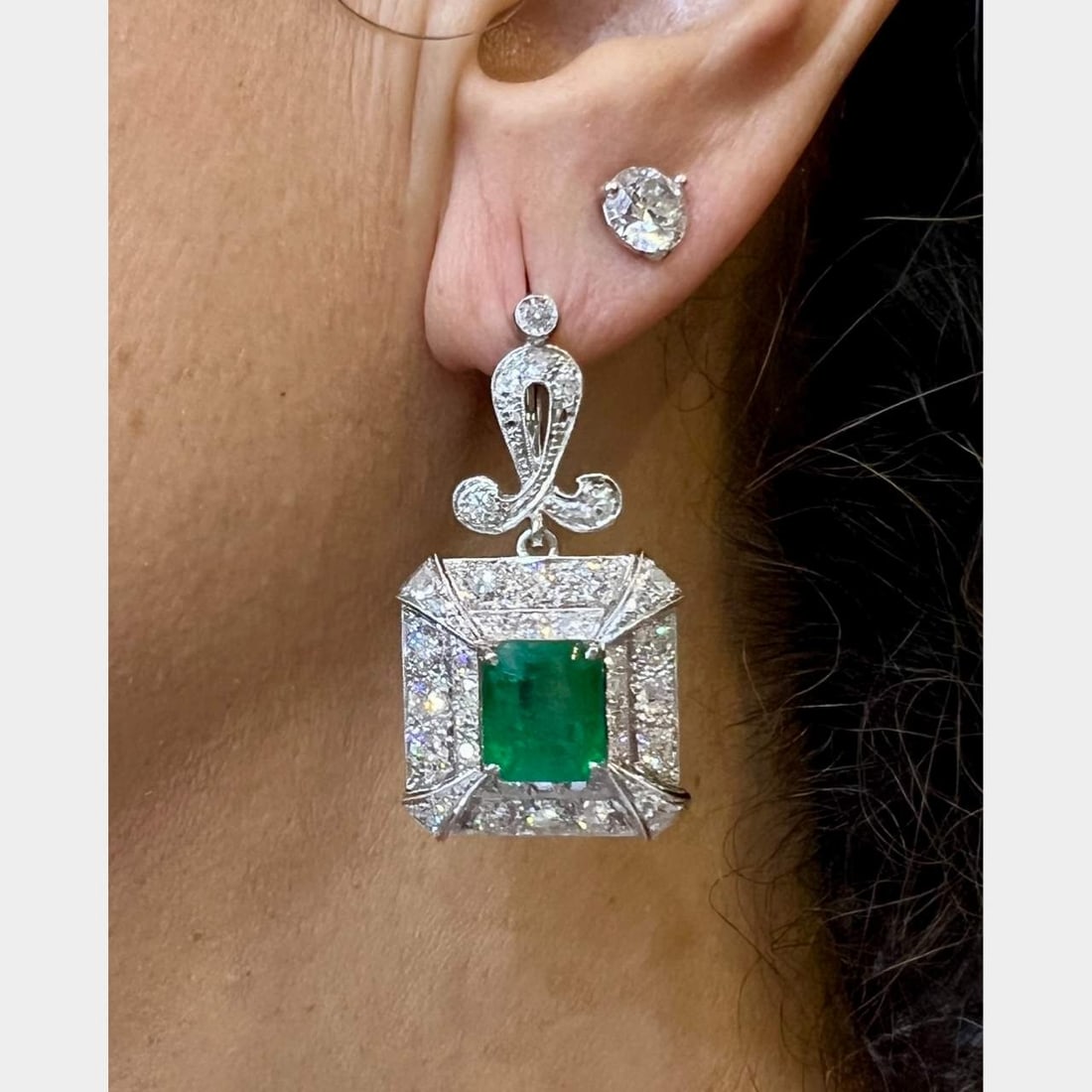Art Deco Platinum Emerald & Diamond Earrings: Art Deco Platinum Emerald & Diamond EarringsWeighing 19.1 gramsSet with 2 Emeralds weighing 7.82 Ct.Along with 80 European-cut Diamonds weighing 4.80 Ct. F-G Color, VS1-Si1 Clarity1.5 inches in length