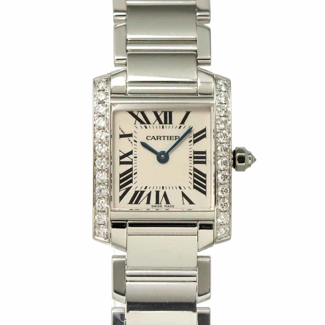Cartier Tank Francaise SM WE1002S3 Ladies' Watch, Diamond Bezel, Ivory, 18K White Gold, Quartz.: --- Catalog ---Category: SizeWrist Size: 14cm / 5.51''Case Diameter: 20mm / 0.79''Category: DesignType: WristwatchGender: WomenColor (Dial): IvoryMaterial (Band): White gold (18K)Material (Case): Whit