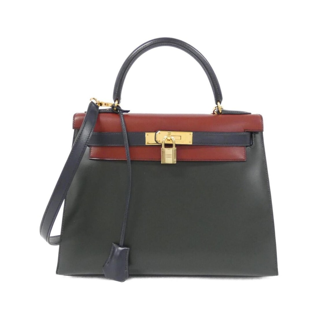 Hermes Kelly 28cm handbag: --- Catalog ---Category: SizeSize (HxWxD): 21cm x 29cm x 11cm / 8.26'' x 11.41'' x 4.33''Category: DesignType: HandbagColor: Blue indigo, Rouge H, VertGender: WomenMaterial: Box calf leather Outer Poc