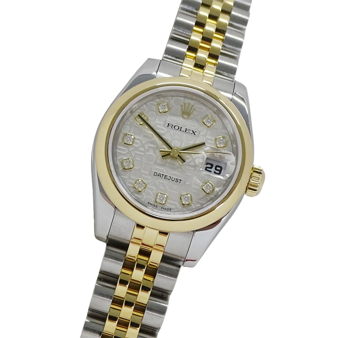 Rolex Datejust 179163G F-serial Women's Watch, Brand Name, 10P Diamonds, Computerized Automatic: --- Catalog ---Category: SizeWrist Size: 16.5cm / 6.49''Case Diameter: 26mm / 1.02''Category: DesignType: WristwatchGender: WomenMaterial (Band): Stainless steel, Yellow goldMaterial (Case): Stainless