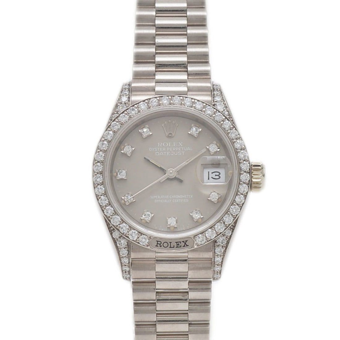 Rolex Datejust Watch 69159G Grey Dial K18WG 10P Bezel and Lug Diamonds Ladies: --- Catalog ---Category: SizeWeight: 75g / 2.64oz.Wrist Size: 14cm / 5.51''Case Diameter: 26mm / 1.02''Category: DesignType: WristwatchGender: WomenGemstone: DiamondColor (Dial): GrayMaterial (Band): 
