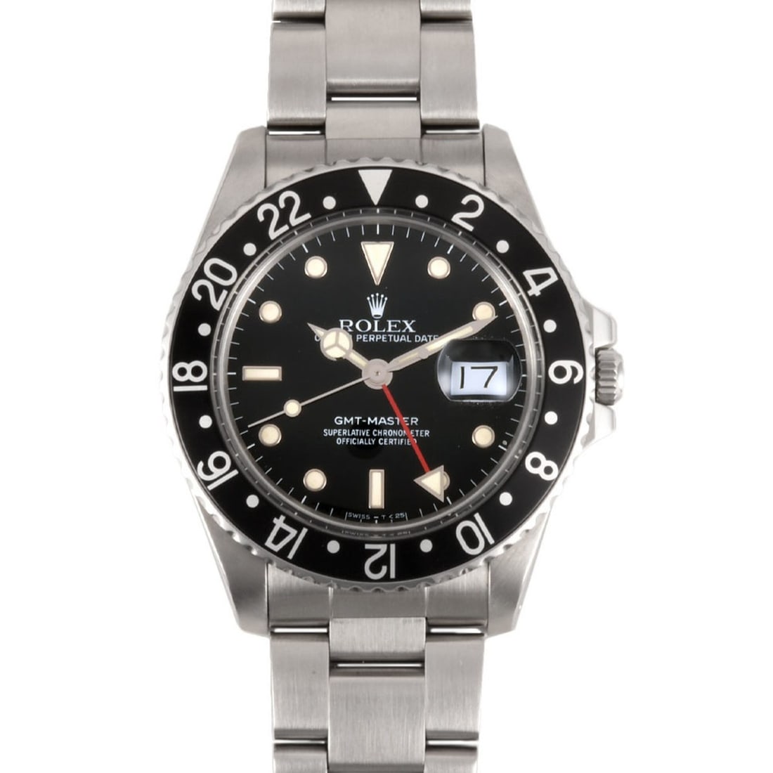 Rolex ROLEX 16750 GMT Master R Series Automatic Watch Black Dial Stainless Steel Bezel Men's: --- Catalog ---Category: SizeWeight: 109.2g / 3.85oz.Wrist Size: 18cm / 7.08''Case Diameter: 40mm / 1.57''Category: DesignType: WristwatchGender: MenDisplay: AnalogColor (Dial): BlackCrystal Type: Min