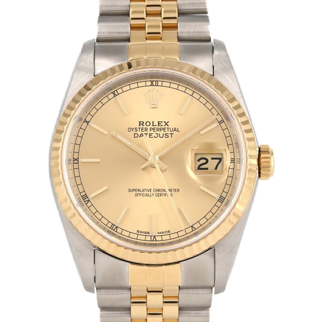 Rolex Datejust 16233 SSxYG Automatic Watch L Series: --- Catalog ---Category: SizeWrist Size: 17.5cm / 6.88''Case Diameter: 36mm / 1.42''Category: DesignType: WristwatchGender: MenColor (Dial): GoldMaterial (Band): Stainless steel, Yellow goldMaterial (