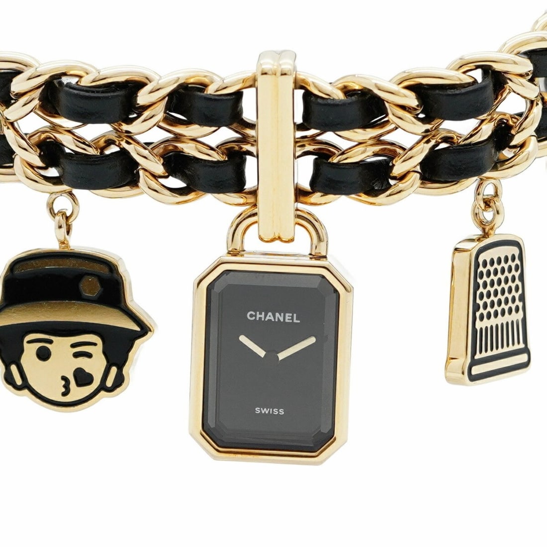 Chanel Premiere Charm Couture H9859 Black Dial Women's Watch: --- Catalog ---Category: SizeWrist Size: 15.5cm / 6.1''Case Diameter: 15.2mm / 0.6''Category: DesignType: WristwatchGender: WomenColor (Dial): BlackMaterial (Band): Gold plated, LeatherCategory: Gener