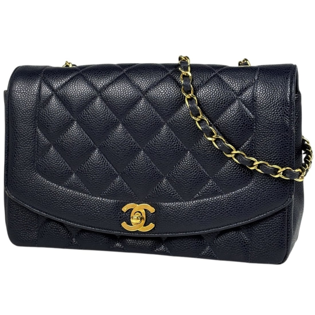 Chanel Diana Matelassé Shoulder Bag, Coco Mark, Single Flap, Caviar Leather, Navy, Women's: --- Catalog ---Category: SizeSize (HxWxD): 16cm x 25cm x 7cm / 6.29'' x 9.84'' x 2.75''Category: DesignType: Shoulder bagColor: NavyGender: WomenMaterial: Grained Calfskin Category: GeneralBrand: Chan