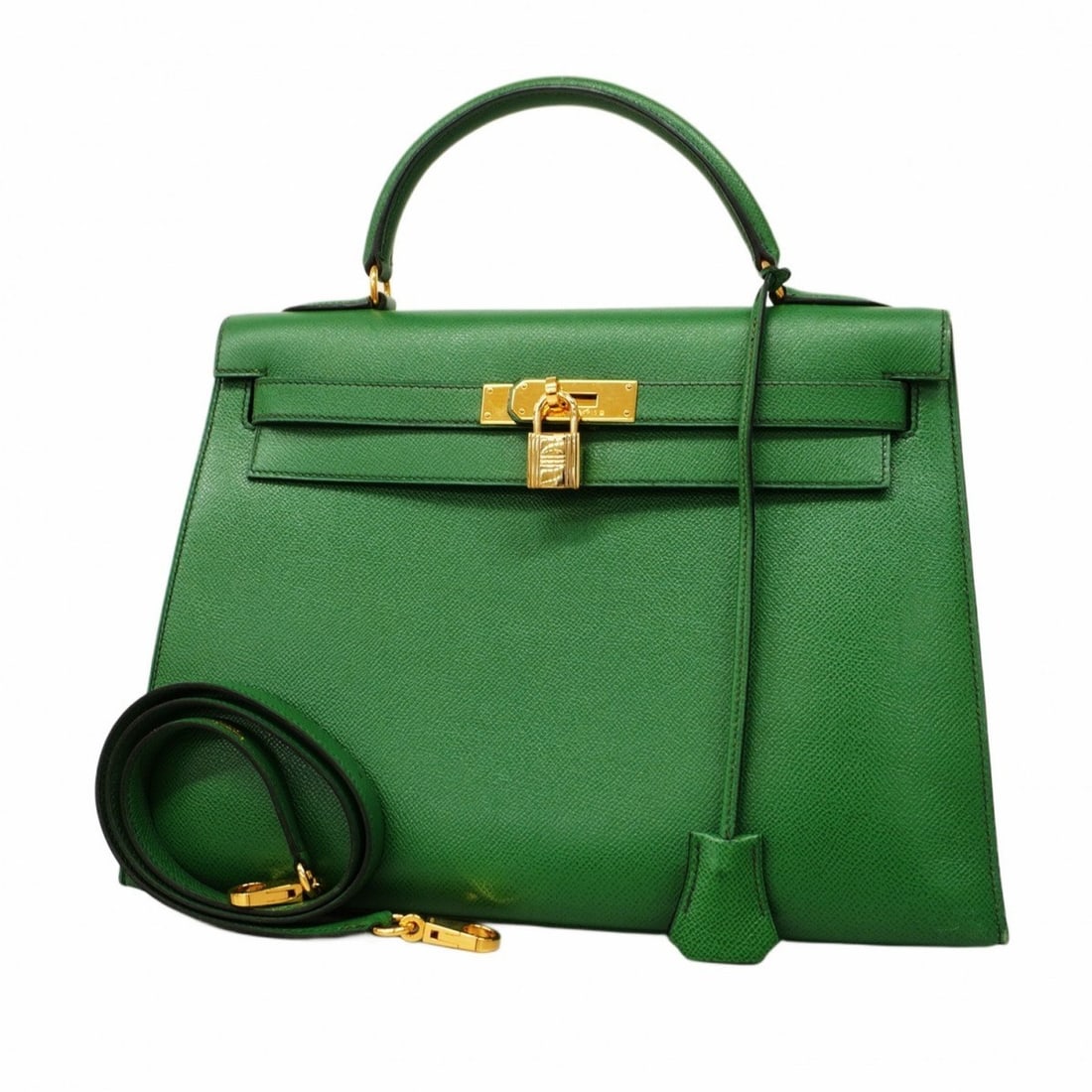 Hermes handbag Kelly 32 Cushvel green ?Y stamp ladies: --- Catalog ---Category: SizeSize (HxWxD): 23cm x 33cm x 12cm / 9.05'' x 12.99'' x 4.72''Category: DesignType: HandbagColor: GreenGender: WomenMaterial: Courchevel leather Hardware Color: GoldCategory