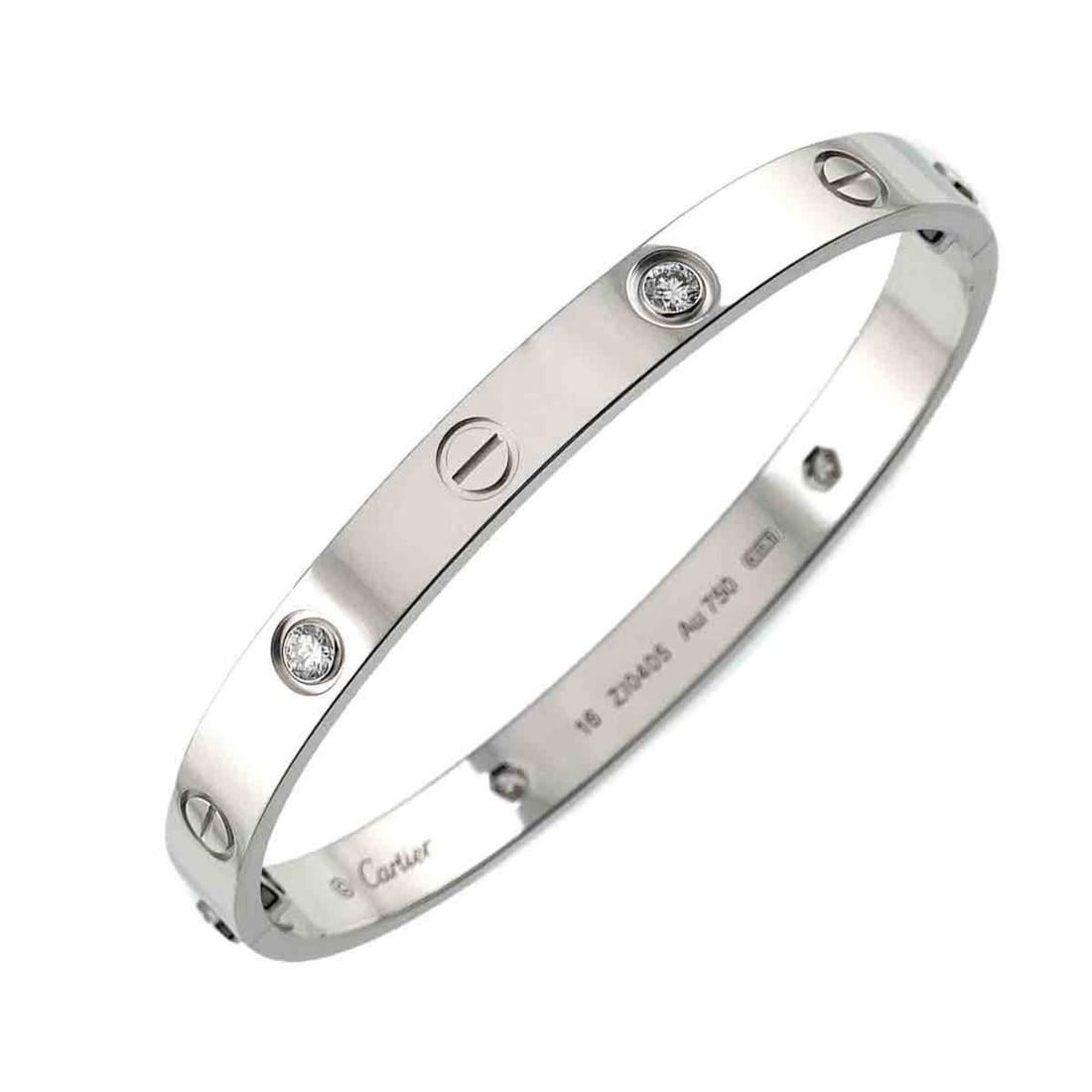 Cartier Love Bracelet Half Diamond 4P #16 K18 WG White Gold 750 Bangle: --- Catalog ---Category: SizeLength: 15cm / 5.9''Category: DesignType: Charm braceletColor: White goldStone: DiamondGender: WomenMaterial: White gold (18K)Weight (ct.): 0.42Category: GeneralBrand: Car