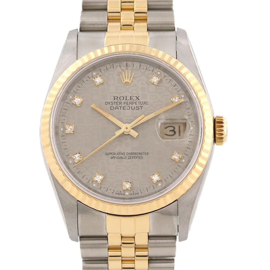 Rolex Datejust 16233G. SSxYG Automatic Watch X-Series: --- Catalog ---Category: SizeWrist Size: 17cm / 6.69''Case Diameter: 36mm / 1.42''Category: DesignType: WristwatchGemstone: DiamondColor (Dial): GrayMaterial (Band): Stainless steel, Yellow