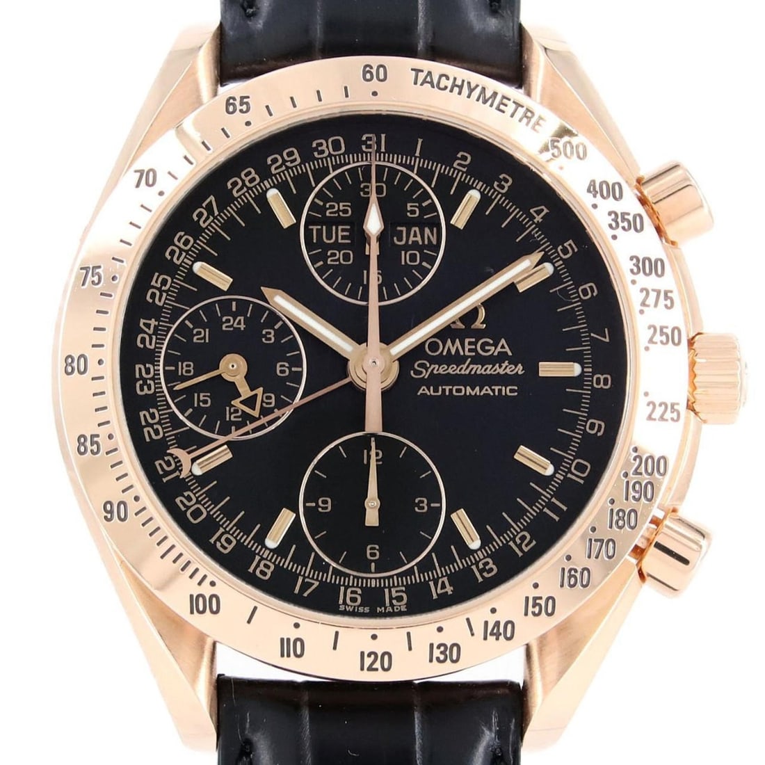 Omega Speedmaster Day Date RG 3623.50.01 PG/RG Wristwatch Automatic: --- Catalog ---Category: SizeCase Diameter: 39mm / 1.54''Category: DesignType: WristwatchGender: MenColor (Band): BlackColor (Dial): BlackMaterial (Case): Pink goldCategory: GeneralBrand: