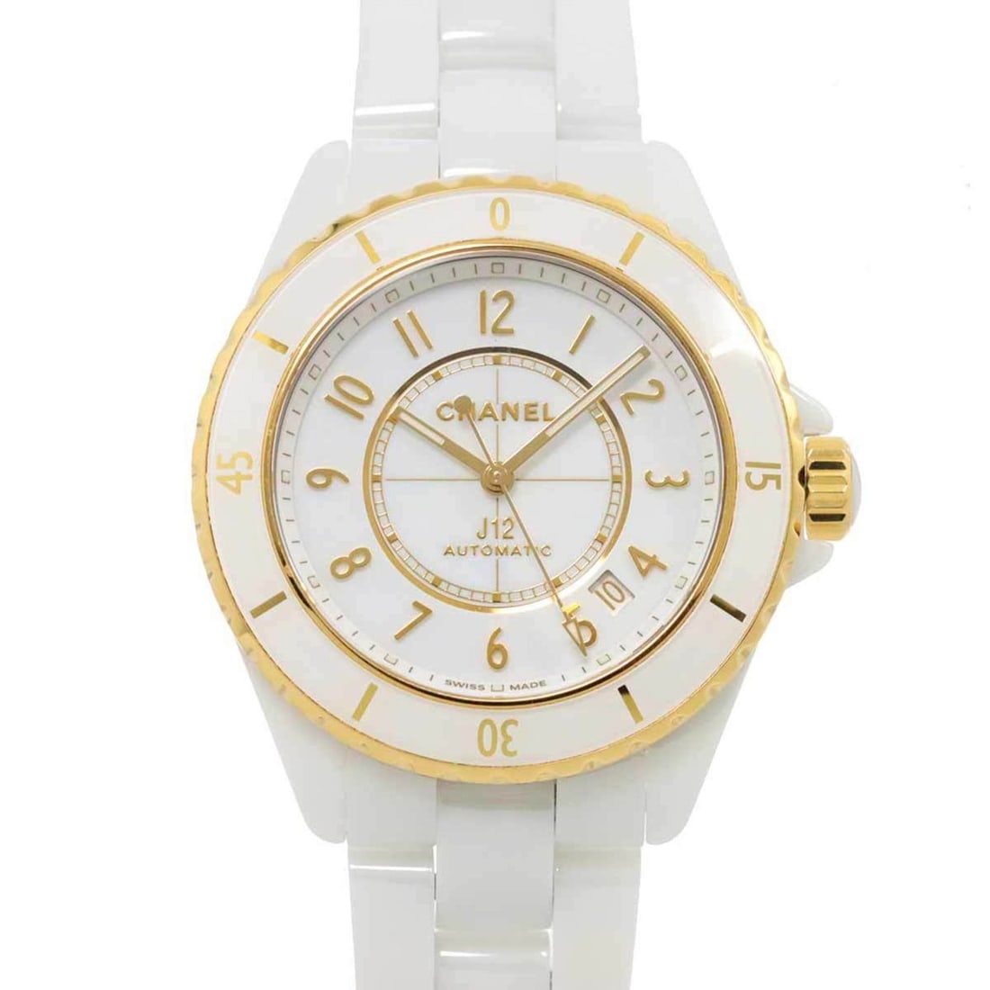 Chanel CHANEL J12 Caliber 12.1 38mm H9540 Men's Watch Date White Ceramic K18YG Yellow Gold Automatic: --- Catalog ---Category: SizeWrist Size: 18.5cm / 7.28''Case Diameter: 39mm / 1.54''Category: DesignType: WristwatchGender: MenColor (Dial): WhiteMaterial (Band): Ceramic, Stainless steelMaterial (Cas