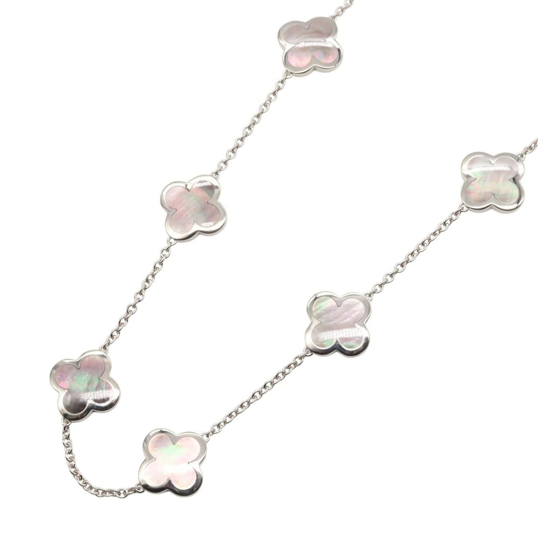 Van Cleef & Arpels Pure Alhambra Mother-of-Pearl 9-Motif Necklace, 18K White Gold (18KWG),: --- Catalog ---Category: SizePendant Size: 15mm x 15mm / 0.59'' x 0.59''Neck Circumference: 40.5 cm / 15.94''Category: DesignColor: Black, White goldGender: WomenMaterial: White gold (18K)Necklace Typ