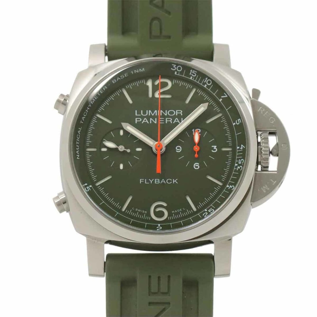 Panerai Luminor Chrono Flyback Verde Militare PAM01296 Men's Watch Green Automatic: --- Catalog ---Category: SizeWrist Size: 19.5cm - 14.5cm / 7.67'' - 5.7''Case Diameter: 43mm / 1.69''Category: DesignType: WristwatchGender: MenColor (Dial): GreenMaterial (Band): Rubber, Stainless st