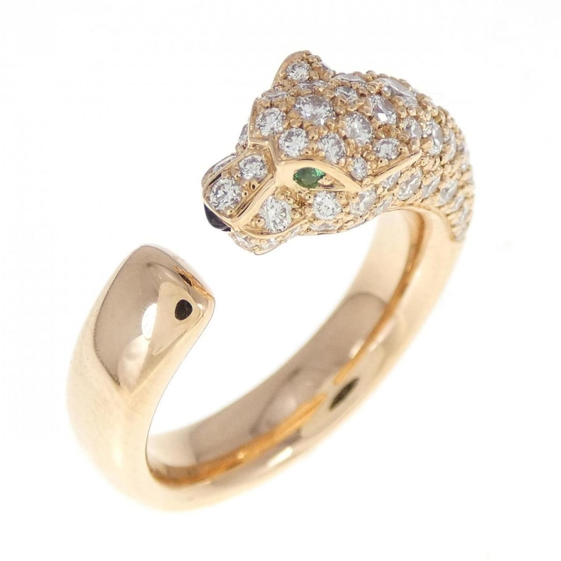 Cartier Panthere Ring: --- Catalog ---Category: SizeUS Size: 4.5Brand Size: 48Category: DesignType: Band ringStone: Diamond, Emerald, OnyxGender: WomenMaterial: Pink gold (18K)Category: GeneralBrand: Cartier--- Item List --