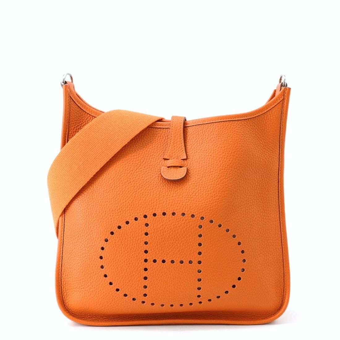 Hermes Evelyne 1 PM Shoulder Bag, Orange, Taurillon Clemence Leather, ?J Stamp, HERMES, Evelyne,: --- Catalog ---Category: SizeWeight: 570g / 1.25lb.Size (HxWxD): 29cm x 29cm x 8cm / 11.41'' x 11.41'' x 3.14''Strap Length: 94cm / 37''Category: DesignType: Handbag, Shoulder bagColor: OrangeGender: 