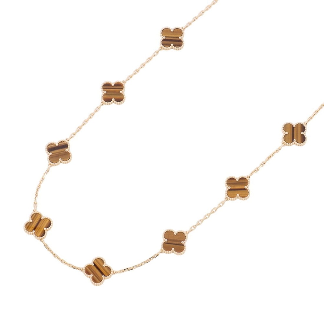 Van Cleef & Arpels Alhambra Necklace, 10 Motifs, Tiger's Eye, 18K Yellow Gold, VCARD40700.: --- Catalog ---Category: SizeWeight: 23.7g / 0.83oz.Pendant Size: 14.9mm x 14.9mm / 0.58'' x 0.58''Neck Circumference: 43 cm / 16.92''Category: DesignStone: Tiger's eyeGender: WomenMaterial: Yellow go