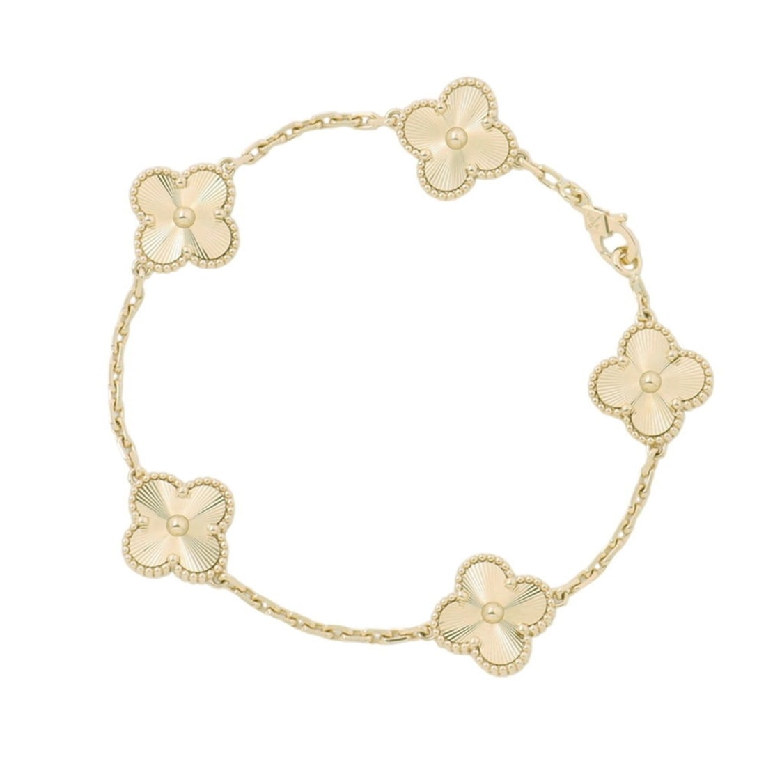 Van Cleef & Arpels Alhambra 5-Motif Guilloché Bracelet 18K Yellow Gold VCARP3JK00: --- Catalog ---Category: SizeLength: 18.5cm / 7.28''Weight: 18.9g / 0.66oz.Total Length: 20cm / 7.87''Category: DesignType: Charm braceletGender: WomenMaterial: Yellow gold (18K)Category: GeneralLine:
