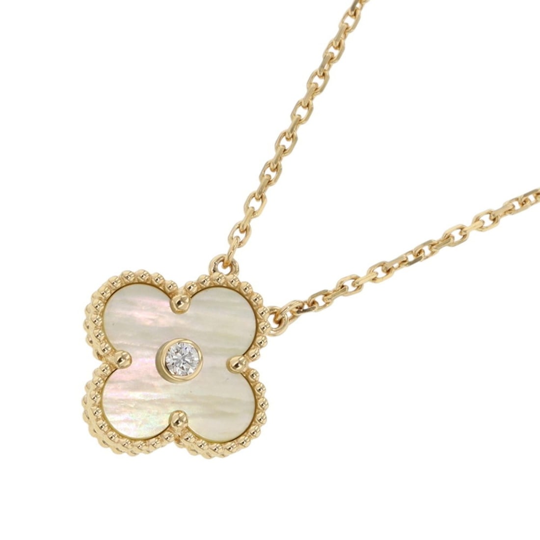 Van Cleef & Arpels Alhambra Necklace, Gold Mother-of-Pearl, 1 Diamond, 18K Yellow (VCARP2R700), 2018: --- Catalog ---Category: SizeWeight: 6.6g / 0.23oz.Pendant Size: 14.7mm x 14.7mm / 0.57'' x 0.57''Neck Circumference: 37 cm - 41.5 cm / 14.56'' - 16.33''Category: DesignStone: DiamondGender: WomenMate