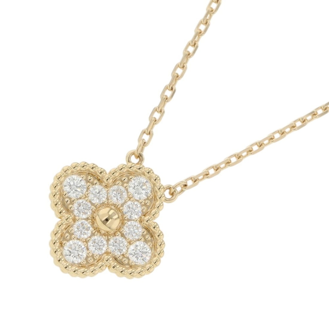Van Cleef & Arpels Alhambra Pendant Necklace with 12 Diamonds (0.48ct total) in 18K Pink Gold: --- Catalog ---Category: SizeWeight: 5.7g / 0.2oz.Pendant Size: 14.6mm x 14.6mm / 0.57'' x 0.57''Neck Circumference: 37 cm - 42 cm / 14.56'' - 16.53''Category: DesignStone: DiamondGender: WomenClarity
