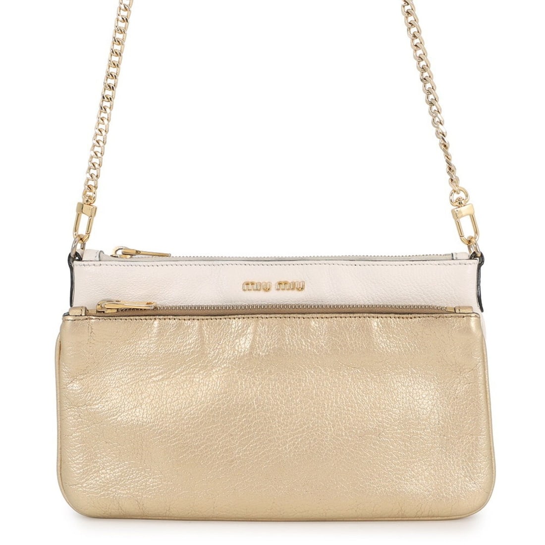 Miu Miu Miu Chain Shoulder Bag, Leather, MIUMIU, Handbag, Women's,: --- Catalog ---Category: SizeSize (HxWxD): 15cm x 25cm x 3cm / 5.9'' x 9.84'' x 1.18''Category: DesignType: Shoulder bagColor: Gold, WhiteGender: WomenMaterial: Leather Category: GeneralBrand: Miu Miu
