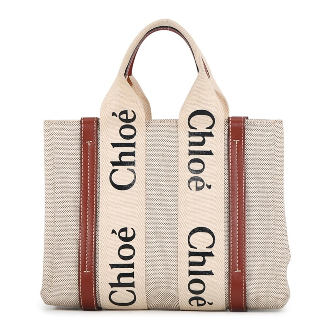 Chloé Chloe Woody Small Tote Bag Canvas Leather Handbag: --- Catalog ---Category: SizeWeight: 400g / 14.1oz.Size (HxWxD): 22cm x 27cm x 7cm / 8.66'' x 10.62'' x 2.75''Category: DesignType: Handbag, Tote bagColor: Beige brownGender: WomenClosure: OpenMateria