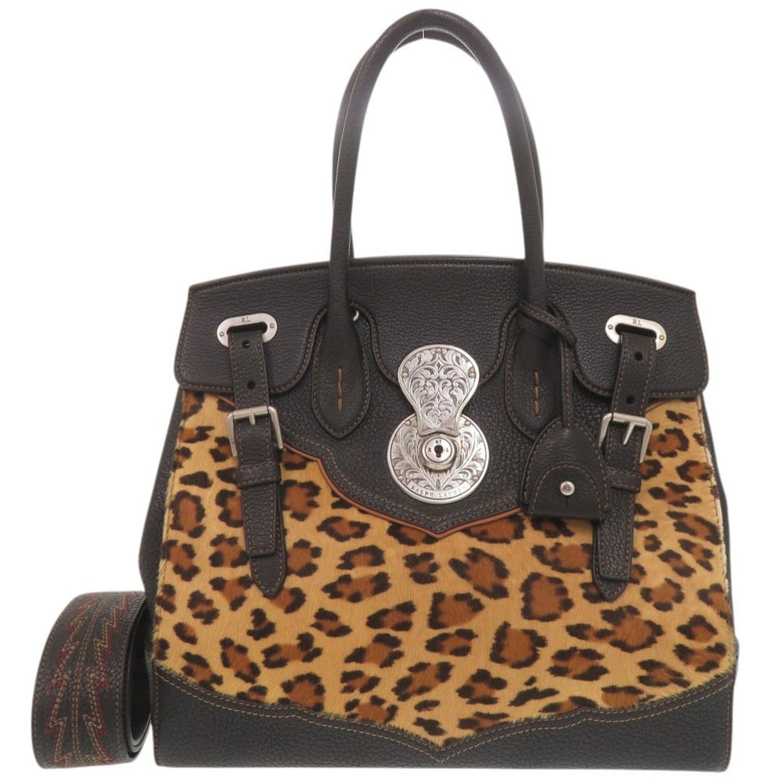 Ralph Lauren Ricky 33 Leopard Leather Calf Hair Black Brown 2-Way Handbag Shoulder Bag 0452RALPH: --- Catalog ---Category: SizeSize (HxWxD): 29cm x 31cm x 17cm / 11.41'' x 12.2'' x 6.69''Strap Length: 99cm / 38.97''Handle Length: 38cm / 14.96''Category: DesignType: Handbag, Shoulder bagColor: Blac