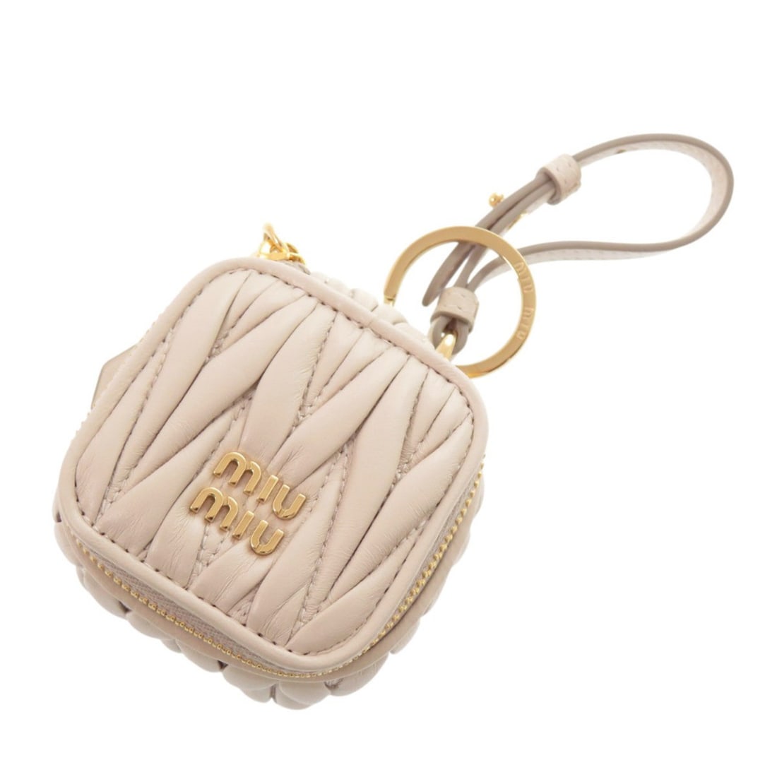 Miu Miu Miu Trick Matelassé 5TL527 Keyring, Round Zipper, Leather, Metal, White Beige 1492MIUMIU: --- Catalog ---Category: SizeSize (HxWxD): 7cm x 7cm x 6cm / 2.75'' x 2.75'' x 2.36''Chain/Strap Length: 15.5cm / 6.1''Category: DesignType: KeyringColor: Beige, WhiteGender: WomenMaterial: Leather, M