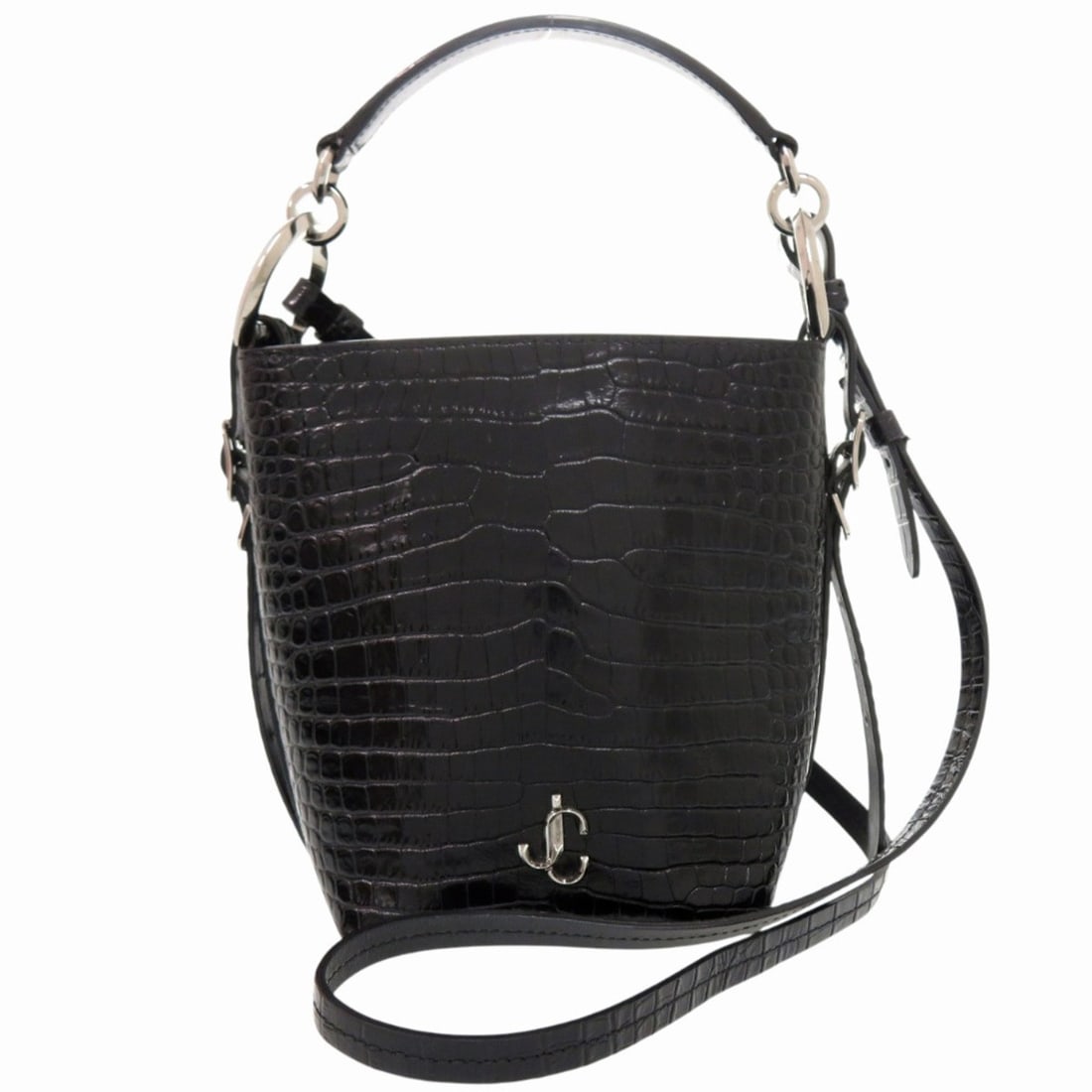Jimmy Choo 2-Way Varenne Embossed Leather Metal Black Bucket Bag Handbag Shoulder 1646JIMMY CHOO: --- Catalog ---Category: SizeSize (HxWxD): 18cm x 12cm x 11cm / 7.08'' x 4.72'' x 4.33''Category: DesignType: Handbag, Shoulder bagColor: BlackGender: WomenMaterial: Leather , Metal Category: GeneralB