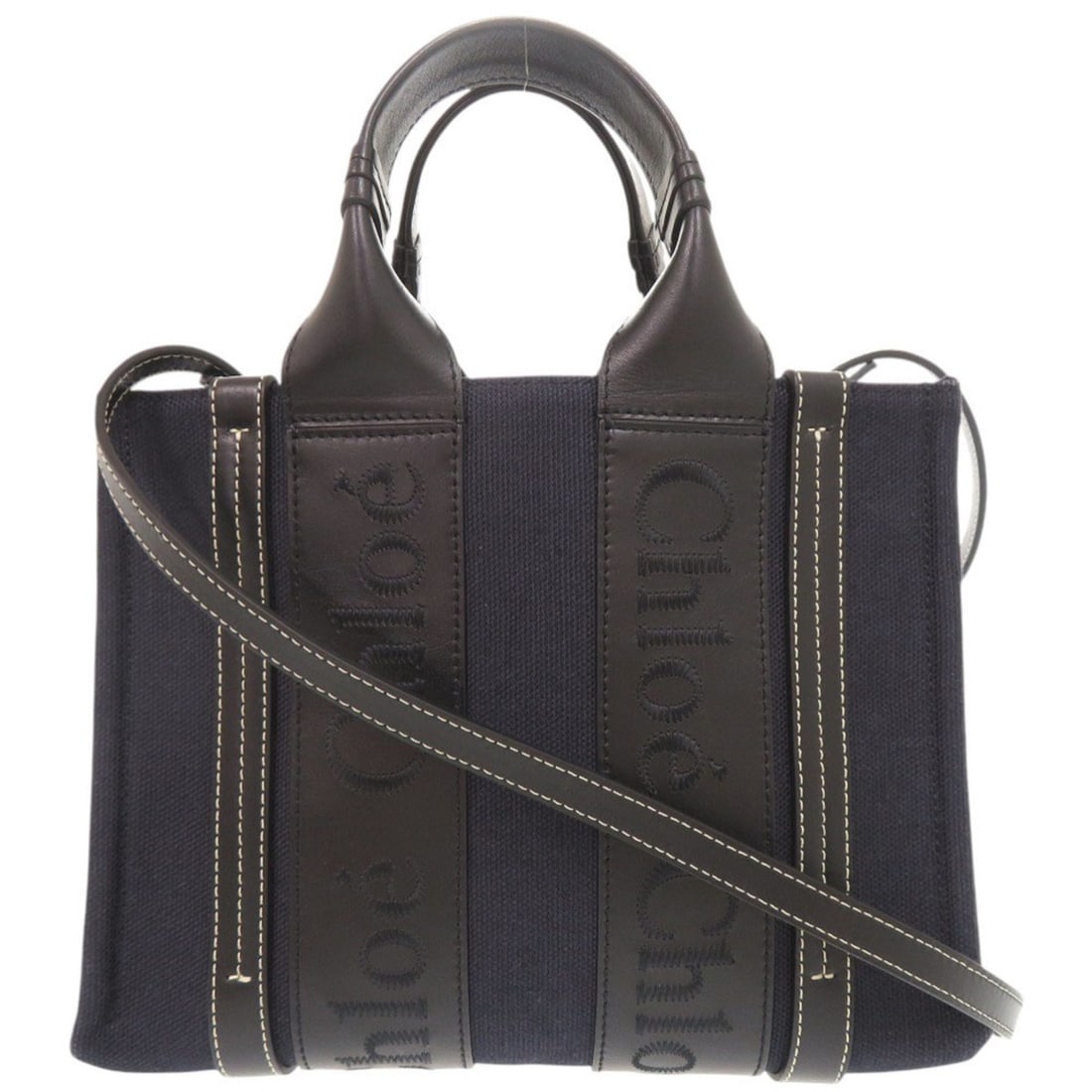 Chloé Chloe Woody Small Tote Bag, Leather, Linen Canvas, Navy, Black, 2-Way Handbag/Shoulder: --- Catalog ---Category: SizeSize (HxWxD): 20cm x 26.5cm x 8cm / 7.87'' x 10.43'' x 3.14''Category: DesignType: Handbag, Shoulder bag, Tote bagColor: Black, NavyGender: WomenMaterial: Leather , Linen 