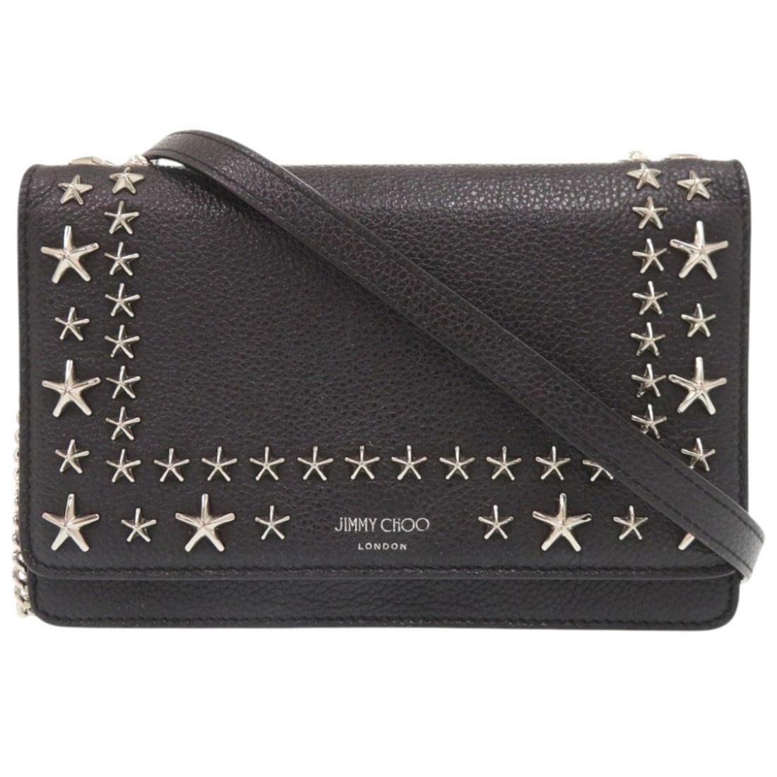 Jimmy Choo Palace Star Studded Leather Black Chain Shoulder Wallet Bag 0358: --- Catalog ---Category: SizeSize (HxWxD): 13.5cm x 20cm x 3cm / 5.31'' x 7.87'' x 1.18''Strap Length: 118cm / 46.45''Category: DesignType: Shoulder bagColor: BlackGender: WomenClosure: MagnetMaterial