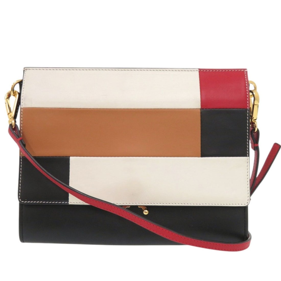MARNI TRUNK Leather Black Red 2-way Clutch Shoulder Bag 0442: --- Catalog ---Category: SizeSize (HxWxD): 18.5cm x 24cm x 2.5cm / 7.28'' x 9.44'' x 0.98''Strap Length: 105cm - 125cm / 41.33'' - 49.21''Category: DesignType: Shoulder bagColor: Black, Red color, Whi