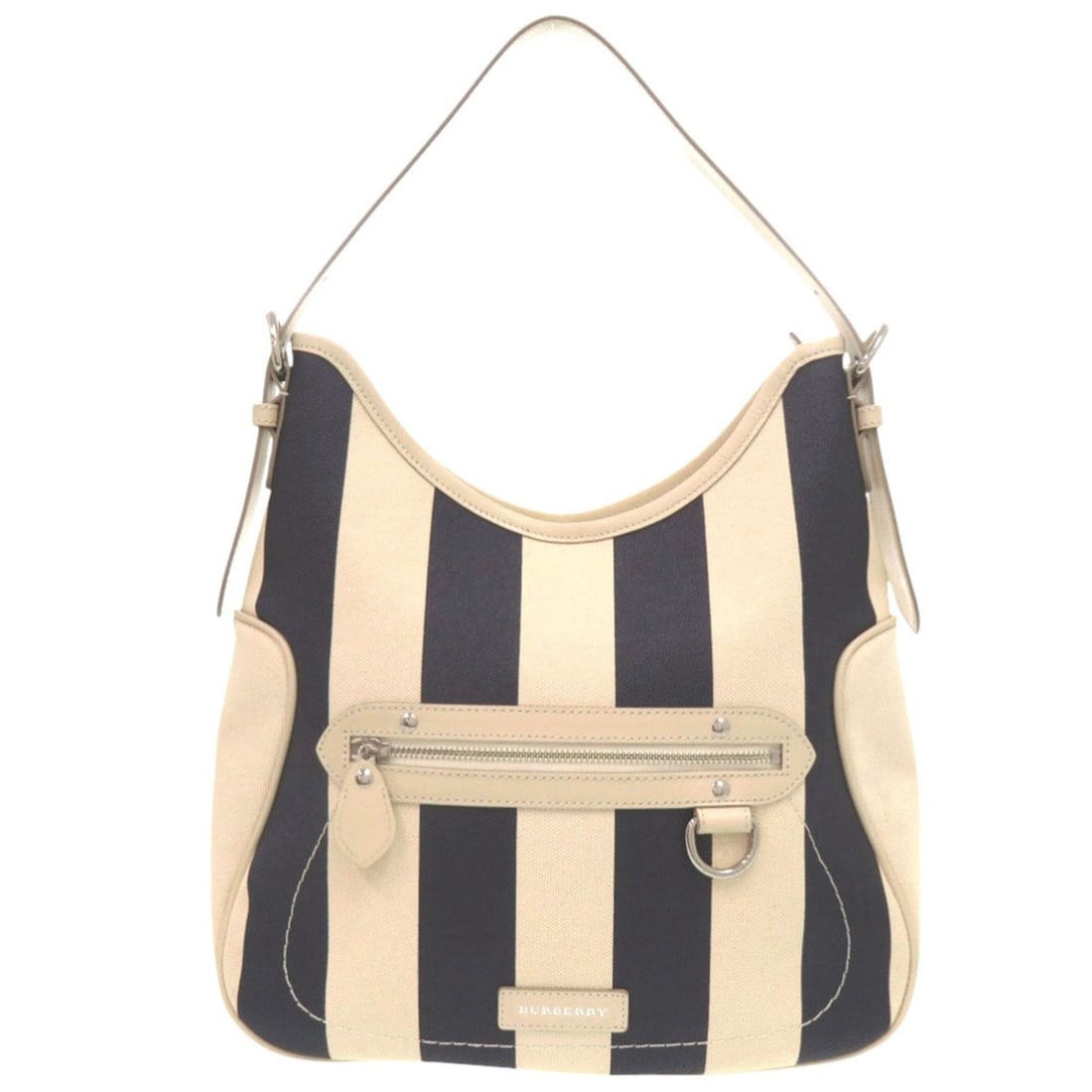 Burberry Stripe Hobo One-Shoulder Bag, Silver Hardware, Canvas & Leather, Navy Ivory, 1220BURBERRY: --- Catalog ---Category: SizeSize (HxWxD): 28cm x 34.5cm / 11.02'' x 13.58''Strap Length: 36cm - 44cm / 14.17'' - 17.32''Category: DesignType: Shoulder bagColor: Ivory, NavyGender: WomenClosure: Zippe
