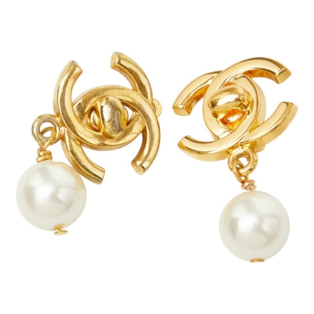 Chanel Coco Mark Turnlock Earrings Vintage 96P Gold White Plated Faux Pearl CHANEL: --- Catalog ---Category: SizeSize (HxWxD): 38.00mm x 21.90mm / 1.50'' x 0.86''Category: DesignType: Clip earringsColor: Gold, WhiteStone: PearlGender: WomenSeason: VintageCategory: GeneralBrand: Chane