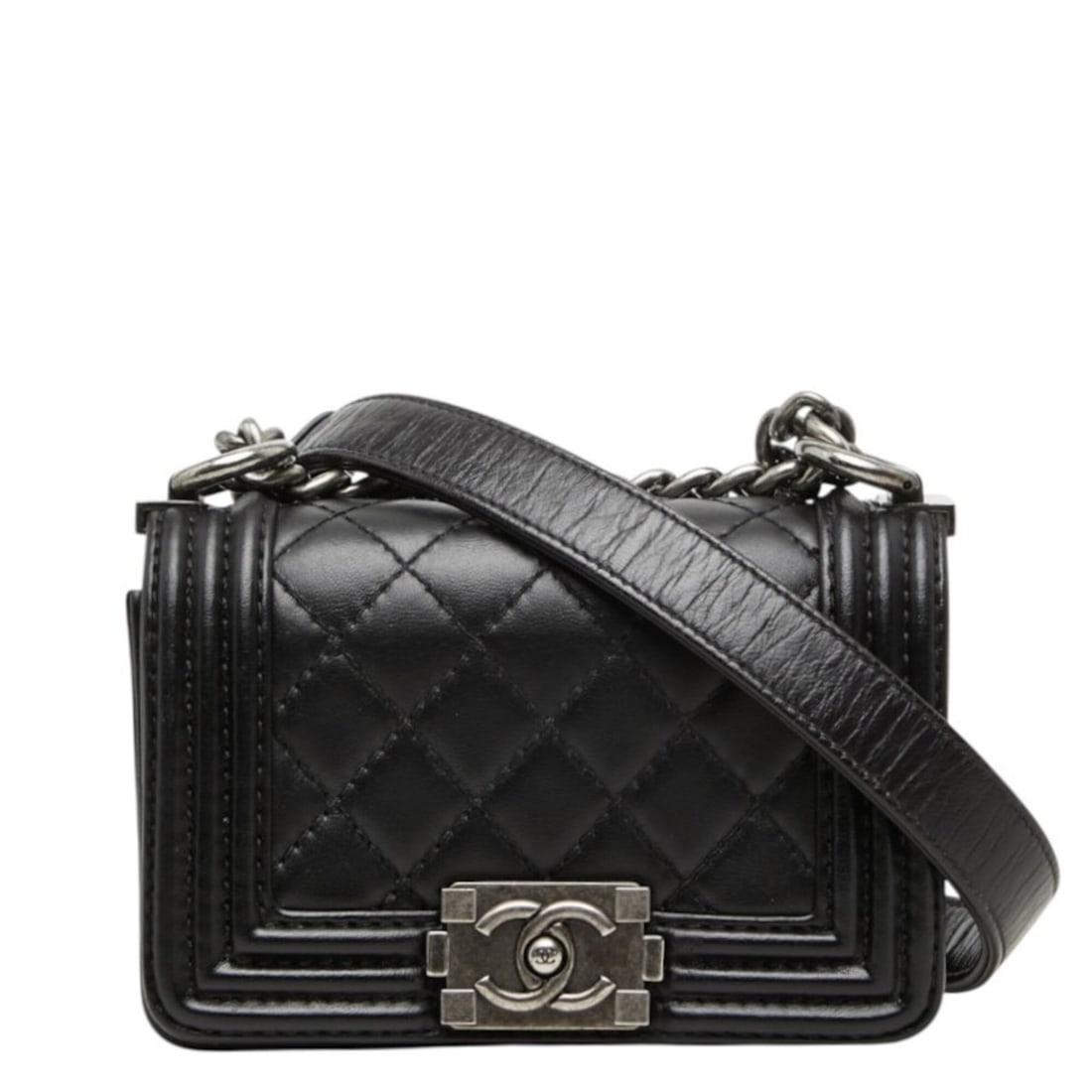 Chanel Coco Mark Boy Chain Shoulder Bag, Black Leather, Women's CHANEL: --- Catalog ---Category: SizeStrap Drop: 56.5cm / 22.24''Handle Drop: 29.00cm / 11.42''Size (HxWxD): 10cm x 15cm x 5cm / 3.93'' x 5.9'' x 1.96''Category: DesignType: Shoulder bagColor: BlackGender: Wo