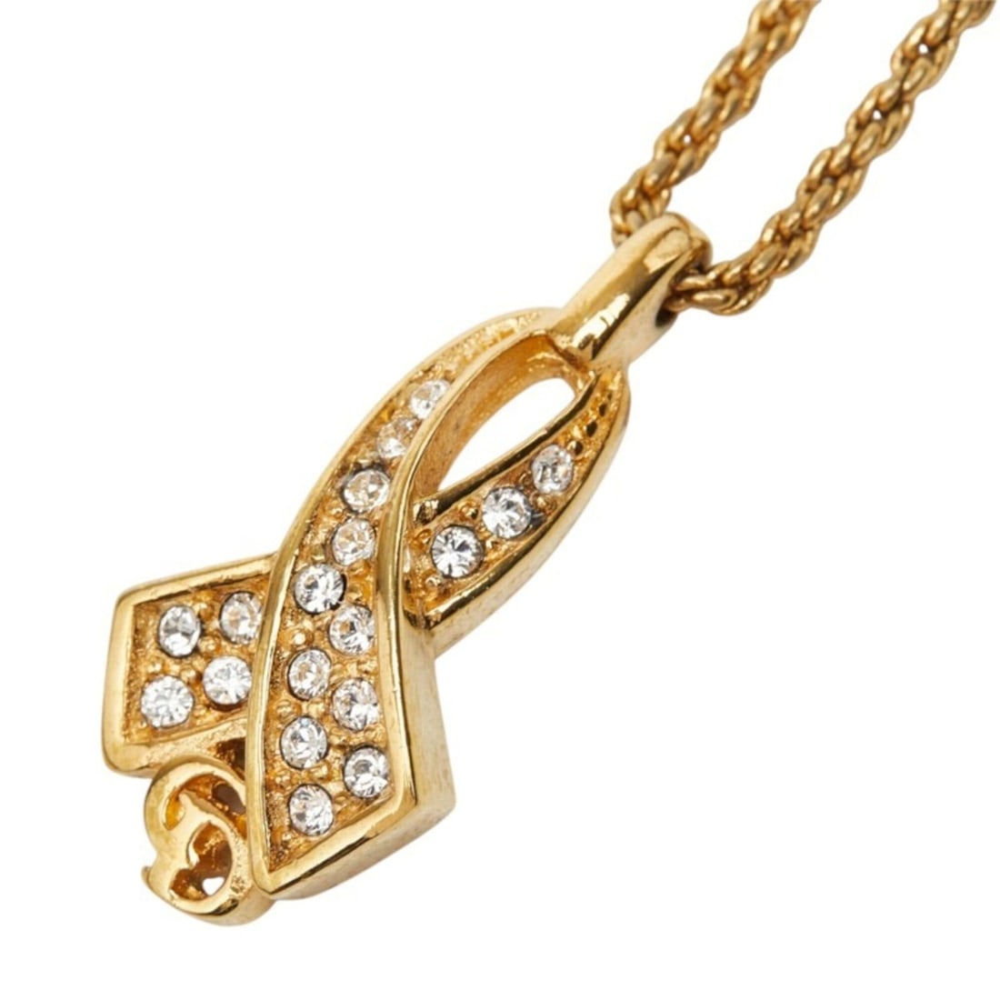 Christian Dior Dior CD Logo Ribbon Tie Chain Necklace Pendant Gold Plated Rhinestone Women's: --- Catalog ---Category: SizePendant Size: 25.3mm x 12.2mm / 0.99'' x 0.48''Neck Circumference: 46 cm / 18.11''Category: DesignColor: GoldStone: RhinestoneGender: WomenPendant Type: PendantNecklace Ty