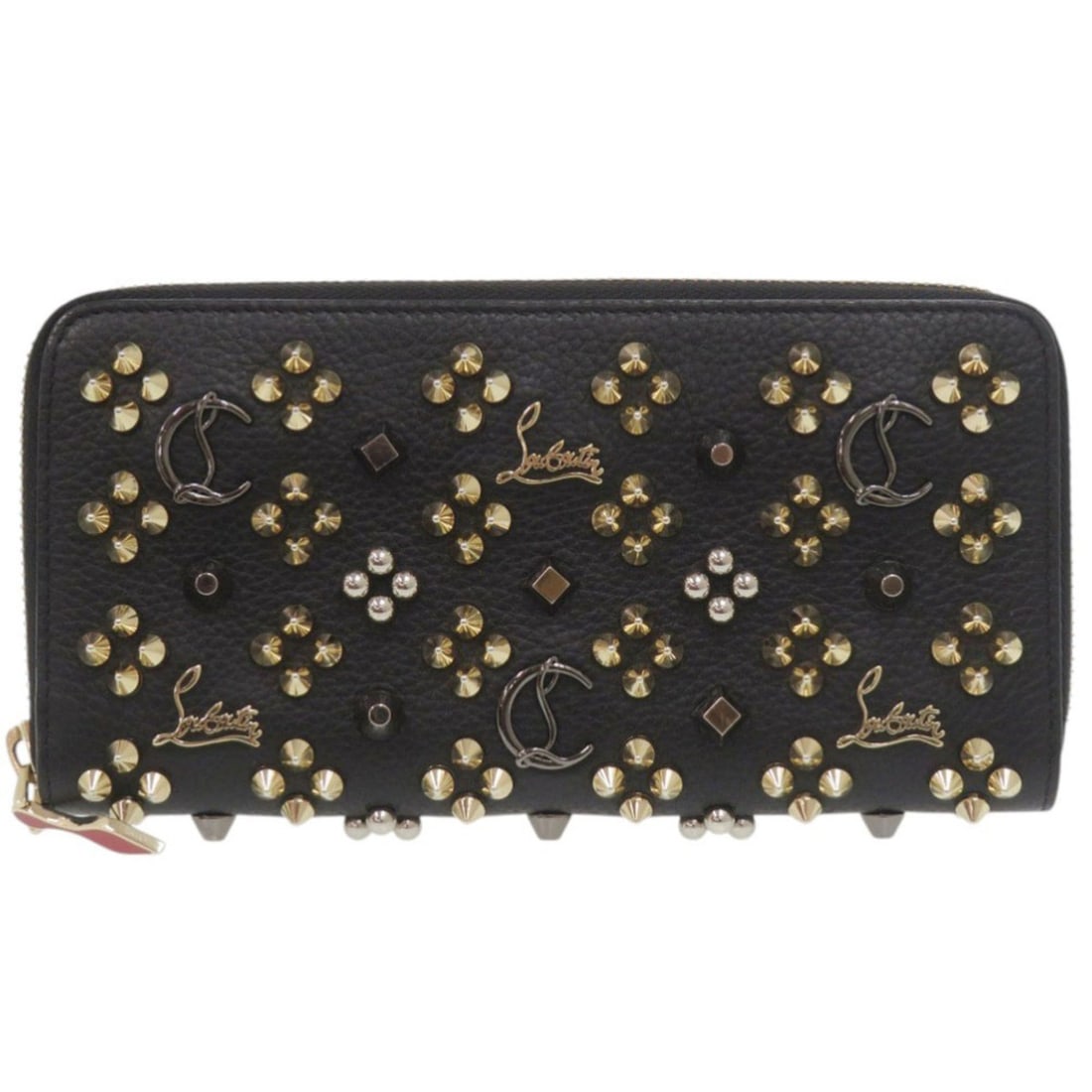Christian Louboutin Panettone Round Zip Studded Leather Long Wallet, Black, 1396: --- Catalog ---Category: SizeSize (HxWxD): 10cm x 19.5cm x 2cm / 3.93'' x 7.67'' x 0.78''Category: DesignType: Long wallet (bi-fold)Color: Black, Red colorGender: WomenMaterial: Leather Category: Gene