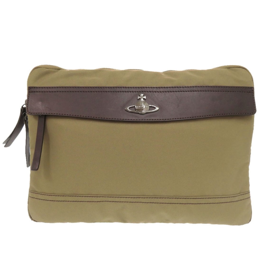Vivienne Westwood Orb Logo Nylon Leather Khaki Clutch Bag Second 0801: --- Catalog ---Category: SizeSize (HxWxD): 26cm x 37cm / 10.23'' x 14.56''Category: DesignType: Clutch bagColor: KhakiGender: Men,WomenMaterial: Nylon , Leather Category: GeneralBrand: Vivienne Westwo