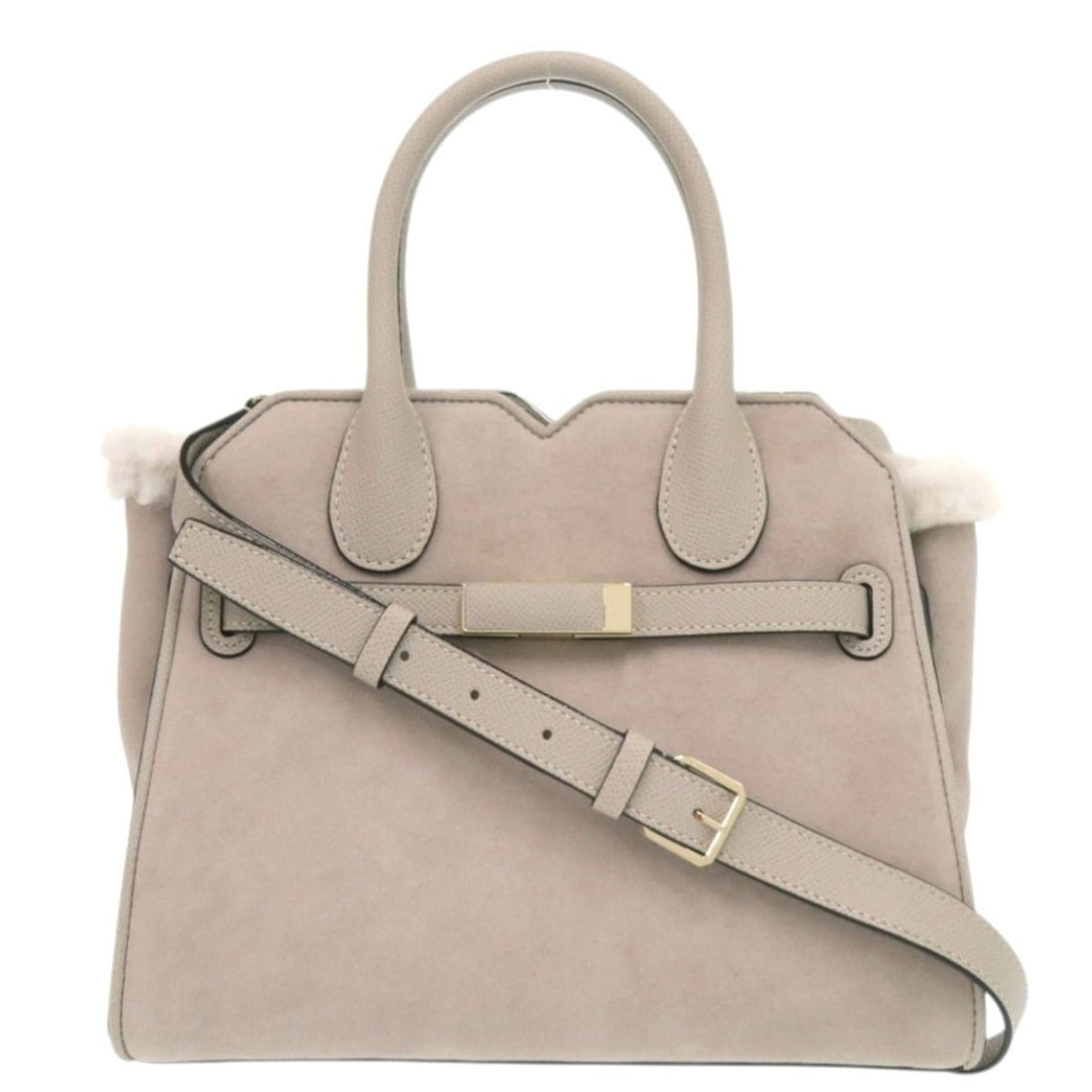 Valextra Milano Bag Mini Shearling WBMI0036928COC99PD Calf Leather Sheepskin Nude 2-way Handbag (1 of 10)