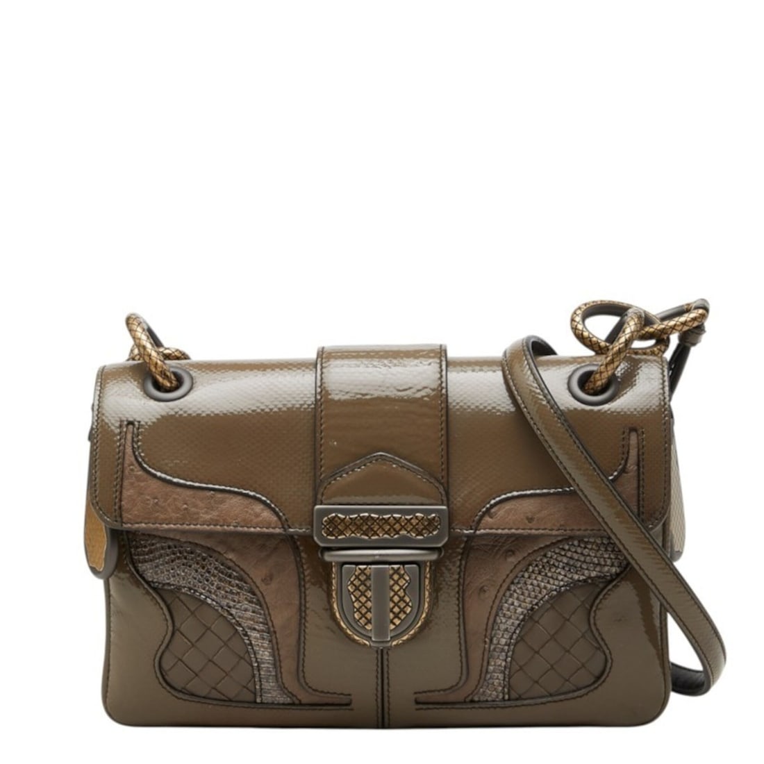 Bottega Veneta Intrecciato Shoulder Bag, Brown-Gray Patent Leather, SV925 Silver, Women's. (1 of 17)