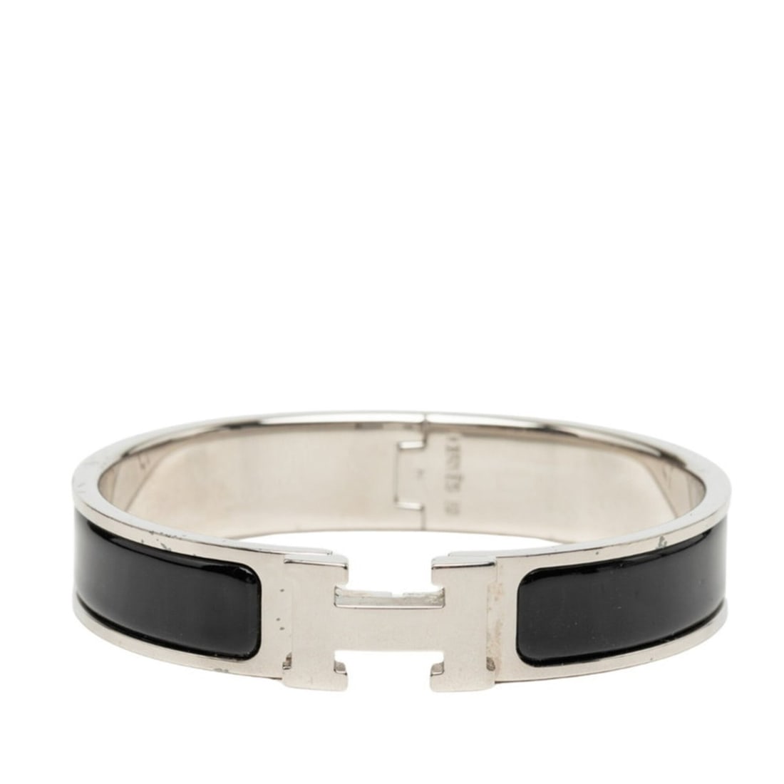 Hermes Click H PM Bracelet Bangle Silver Black Metal Enamel Women's HERMES: --- Catalog ---Category: SizeLength: 15.5cm / 6.1''Category: DesignType: Charm braceletColor: Black, SilverGender: WomenMaterial: Enamel, MetalCategory: GeneralBrand: Hermes--- Item List ---Section: C