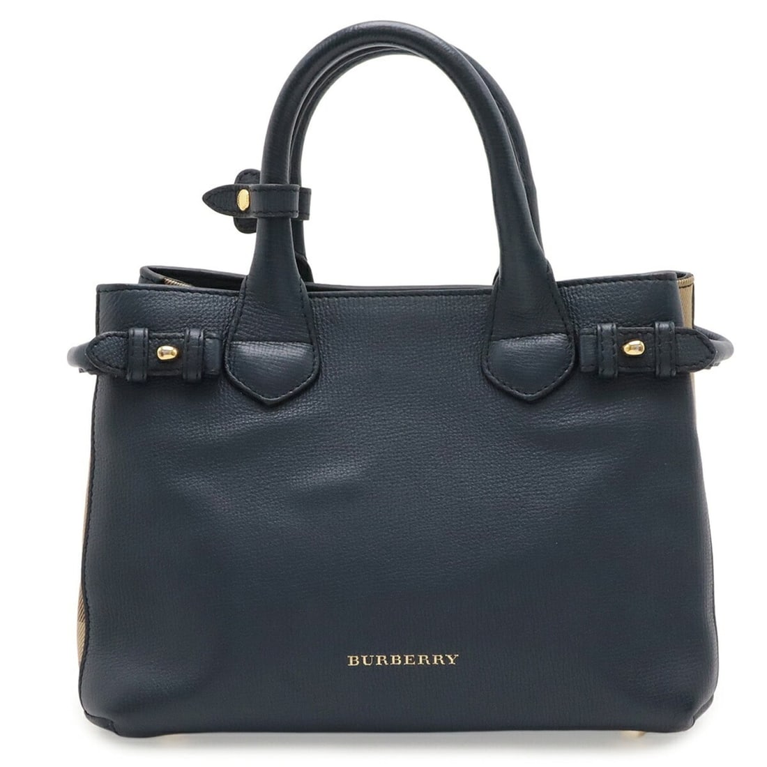 BURBERRY Small Banner House Check Side Handbag Tote Bag Leather Navy Beige: --- Catalog ---Category: SizeSize (HxWxD): 20cm x 26cm x 11.5cm / 7.87'' x 10.23'' x 4.52''Category: DesignType: Handbag, Tote bagColor: Beige, NavyGender: WomenMaterial: Leather Category: GeneralBran