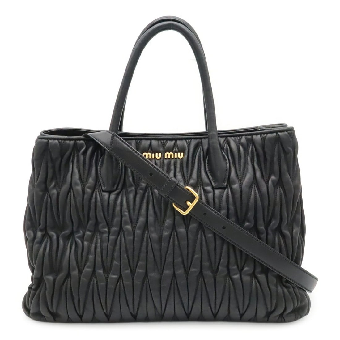 Miu Miu Miu Matelassé Gathered Handbag Shoulder Bag Leather Black 5BG047: --- Catalog ---Category: SizeSize (HxWxD): 24cm x 33.5cm x 16cm / 9.44'' x 13.18'' x 6.29''Category: DesignType: Handbag, Shoulder bagColor: BlackGender: WomenMaterial: Leather Category: GeneralMPN: 5