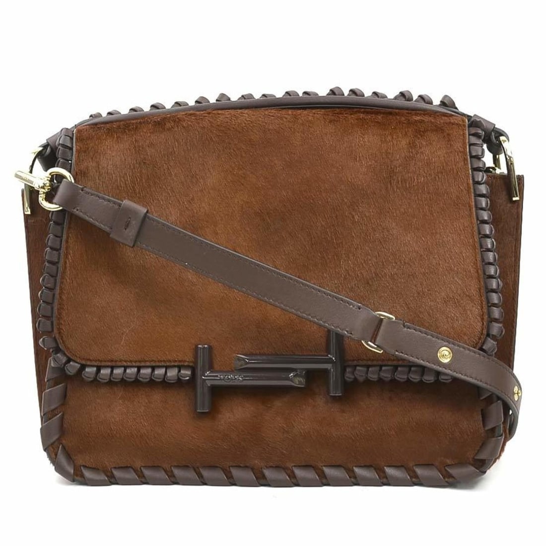 TOD'S Double T Shoulder Bag, Calf Hair Leather, Brown, Women's (r11383k) (1 of 13)