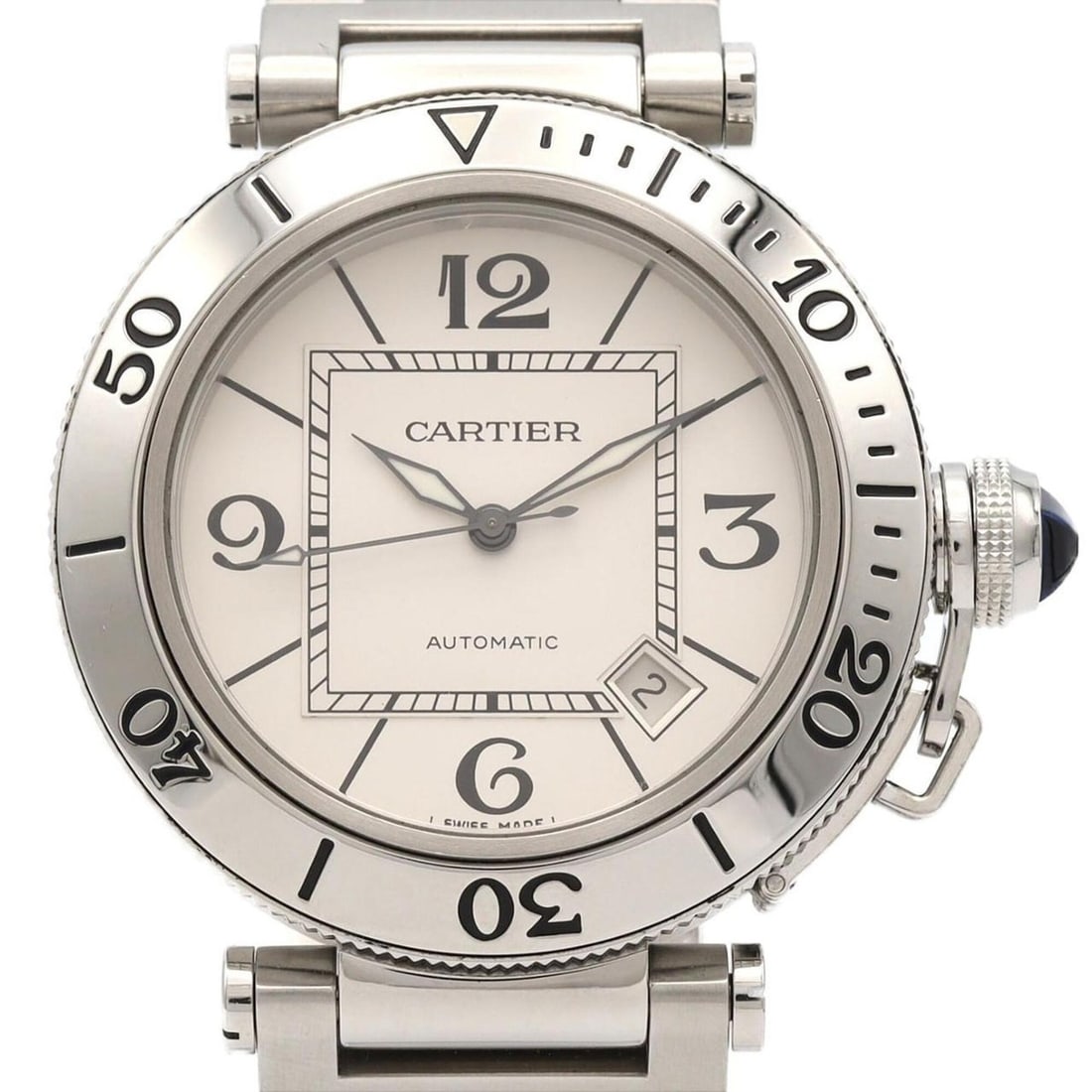 Cartier Pasha Seatimer W31080M7 Stainless Steel Automatic Watch: --- Catalog ---Category: SizeWrist Size: 20.5cm / 8.07''Case Diameter: 40mm / 1.57''Category: DesignGender: MenColor (Dial): SilverMaterial (Band): Stainless steelMaterial (Case): Stainless steelCateg
