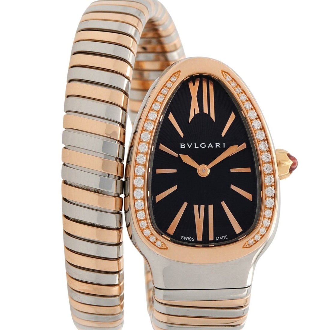 Bulgari BVLGARI Serpenti Tubogas Diamond Bezel Watch, 18K Pink Gold (PG) Stainless Steel, Diamond,: --- Catalog ---Category: SizeWrist Size: 14.5cm / 5.7''Case Diameter: 23mm / 0.91''Category: DesignType: WristwatchGender: WomenColor (Dial): BlackMaterial (Band): Pink gold (18K), Stainless steelMate