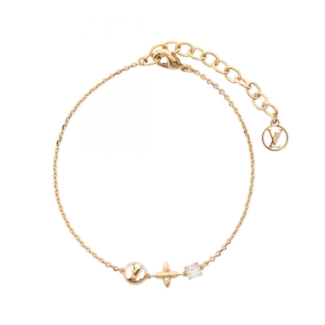 Louis Vuitton Petit Bracelet, Gold Plated (GP), Rhinestone, Women's, Gold/Clear Tone, M00374: --- Catalog ---Category: SizeLength: 19.5cm / 7.67''Category: DesignType: Charm braceletColor: Clear, GoldGender: WomenMaterial: Gold plating, RhinestoneCategory: GeneralMPN: M00374Brand: Louis Vuitto