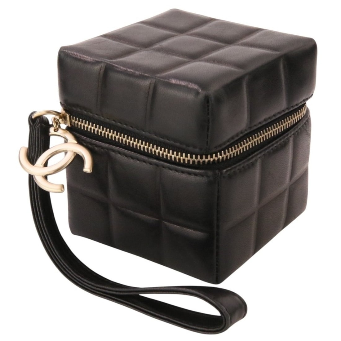 CHANEL Wristlet Cube Coco Mark Chocolate Bar Leather Handbag Pouch Black Women's (1 of 15)